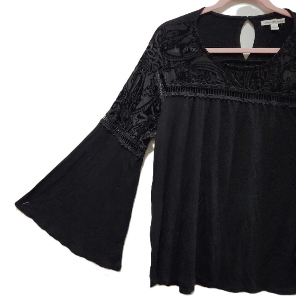 BLACK BAT SLEEVE VELVET BURNOUT LACE TRIM BODICE TOP  L -1X  GOTH HALLOWEEN BOHO